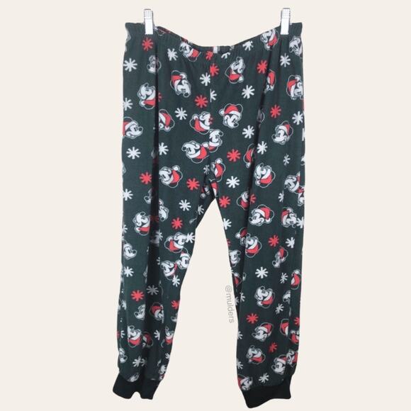 Disney Mickey Mouse Santa Hat Christmas Print Dark Green Jogger Pajama Pants - Picture 1 of 7